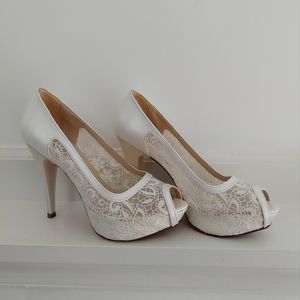 Womens Peep Toe Lace Platform Super High Heels Off White Wedding Shoes